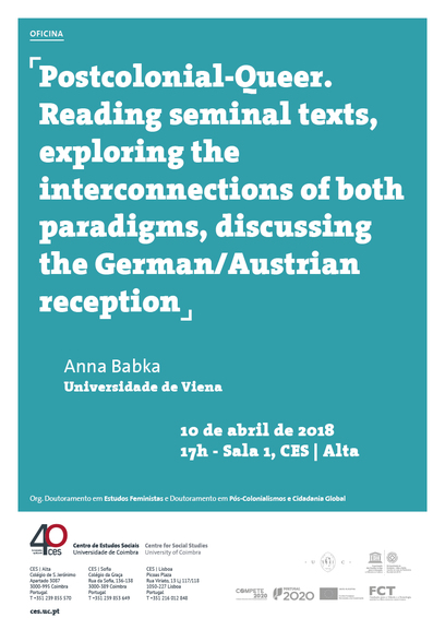 Postcolonial-Queer. Reading seminal texts, exploring the interconnections of both paradigms, discussing the German/Austrian reception<span id="edit_19145"><script>$(function() { $('#edit_19145').load( "/myces/user/editobj.php?tipo=evento&id=19145" ); });</script></span>